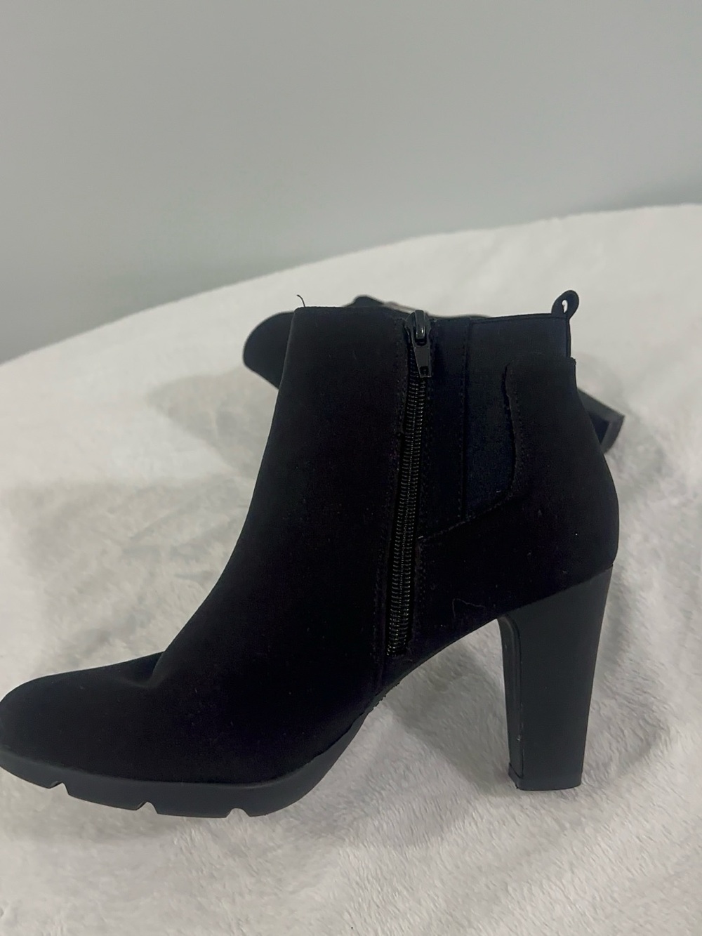 Anne Klein Black Suede-Look Ankle Booties with Block Heel